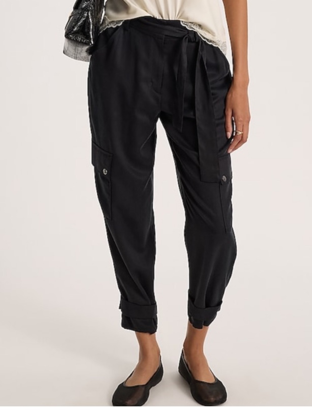 Express Black Satin Cargo Tie-Waist Jogger Pants 2R
